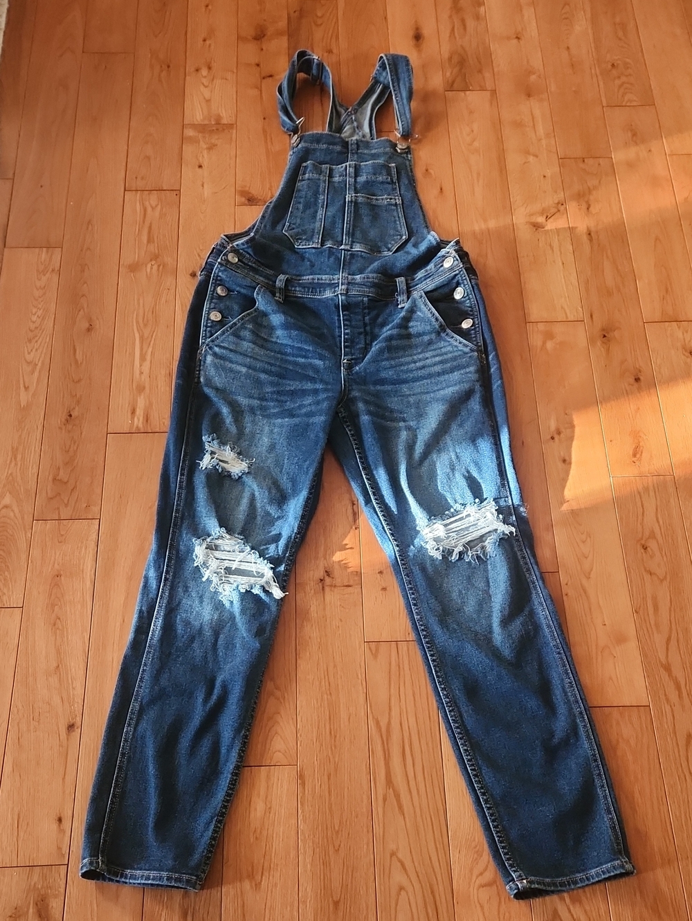 American Eagle Outfitters Distressed Dark Blue Denim Overalls